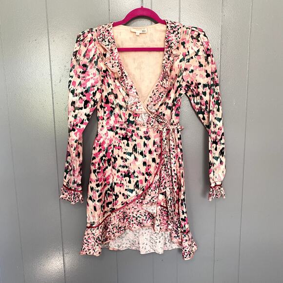 Rococo Sand Mimi Pink Printed Ruffle Long Sleeve Romantic Wrap Mini Dress M - Picture 3 of 10